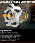 Rear Wheel Bearing Hub Assembly Fits Altima 2007-2018, Maxima 2009-2019, Murano 2015-2019, Pathfinder 2013-2019 And Infiniti JX35 2013, QX60 2014-2019, 5 Lug With ABS, OE Replacement, Durable Auto Part showing 5 lug pattern and vehicle compatibility