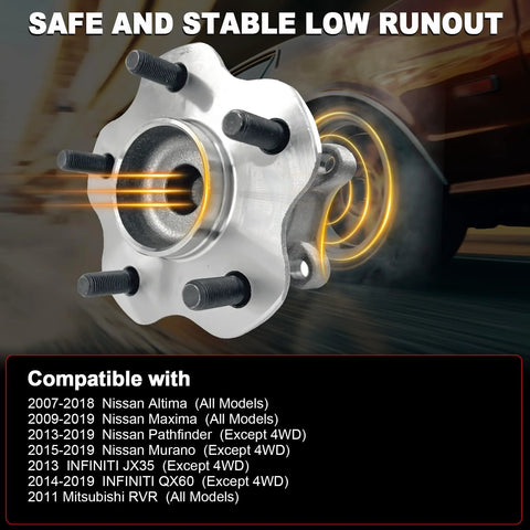 Rear Wheel Bearing Hub Assembly Fits Altima 2007-2018, Maxima 2009-2019, Murano 2015-2019, Pathfinder 2013-2019 And Infiniti JX35 2013, QX60 2014-2019, 5 Lug With ABS, OE Replacement, Durable Auto Part showing 5 lug pattern and vehicle compatibility