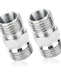 Front view: two chrome-plated carbon steel M14-to-M14 hydraulic hose adapters with hex nuts