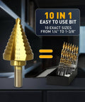 Front view of COMOWARE gold titanium-coated step drill bit set, 10 sizes from 1/4" to 1-3/8" with metal case.