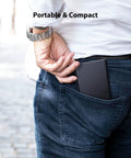 Person placing compact black box into back pocket, showing portability of 50 In 1 Precision Screwdriver Set For Electronics Magnetic Mini Repair Kit.