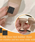 Close-up of Durable One Quarter Inch Thick Rubber Heel Repair Patches For Shoes Black No Slip Diamond Pattern installed on heels.