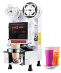 Hella Efficient Full Auto Cup Sealer Machine With Smooth Operator Boba And Coffee Sealing Tech Featuring Top Shelf Digital Screen Control, white machine sealing drinks.
