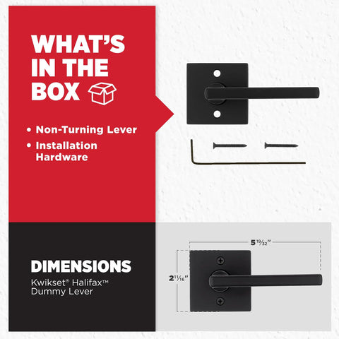 Matte Black Dummy Door Lever For Closets And French Double Doors Non Turning Non Locking Interior Push Pull Handle With Microban Protection Reversible For Left Or Right Opening Easy DIY Install, showing installation hardware and dimensions