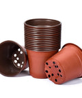 Stacked 100 Pack 6 Inch Plant Nursery Pots Reusable Waterproof Plastic Pots Seed Starting Pots with drainage holes.