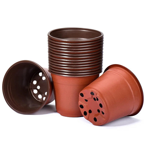 Stacked 100 Pack 6 Inch Plant Nursery Pots Reusable Waterproof Plastic Pots Seed Starting Pots with drainage holes.