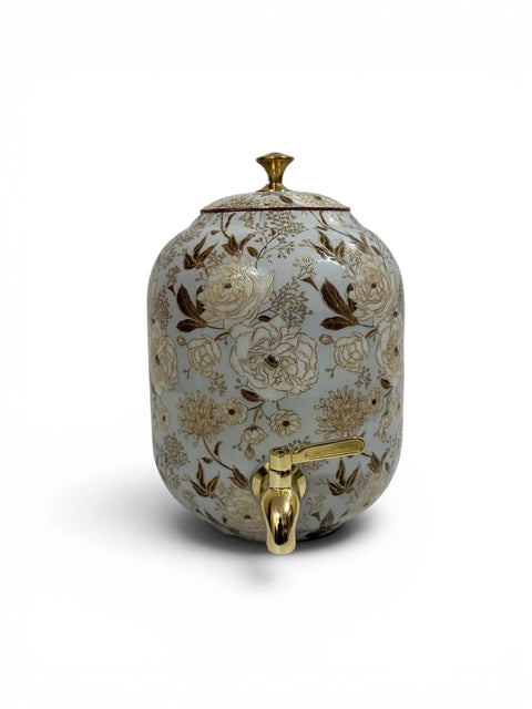 Blue Enamel Copper Water Dispenser With Lid And Tap Handmade Indian Pot for Drinking Water Storage, floral design close-up