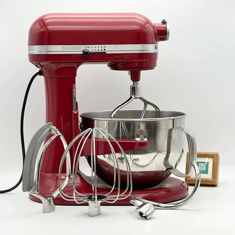Stainless Steel Flat Beater Upgrade Paddle For 5 Qt And 6 Qt Bowl-Lift Stand Mixers Polished 18/8 Finish No Coating Dishwasher Safe Replacement For KN256CBT Fits Pro 5 Plus 550 Plus KV25 600 Series Pro 600 KP26 shown with a red stand mixer and additional attachments