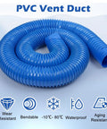 Heavy Duty Flexible Blue Duct Hose Providing Hella Smooth Airflow And Kickass Puncture Resistance For Dryer Vent HVAC Dust Extraction Systems Carbon Wire Spring Reinforced Flame Retardant, PVC vent duct rolled in a coil.
