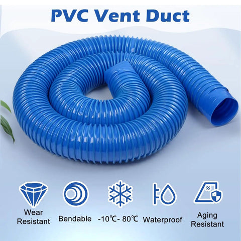 Heavy Duty Flexible Blue Duct Hose Providing Hella Smooth Airflow And Kickass Puncture Resistance For Dryer Vent HVAC Dust Extraction Systems Carbon Wire Spring Reinforced Flame Retardant, PVC vent duct rolled in a coil.