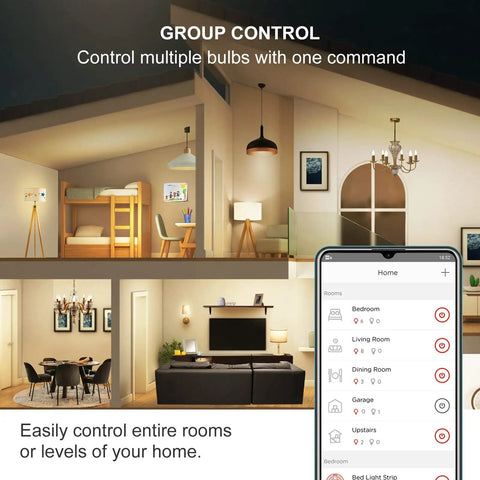 Smart home interior with Zigbee Smart Light Bulbs 4 Pack with Hub Required, showing group control via smartphone app