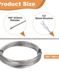 Stainless Steel Cable Wire Rope Kit 50ft Long 1/64 Inch Dia 7x7 Core With 20 Loop Sleeves, product size and strand structure.