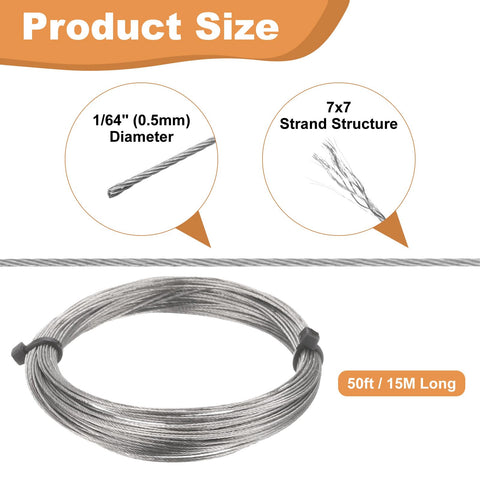 Stainless Steel Cable Wire Rope Kit 50ft Long 1/64 Inch Dia 7x7 Core With 20 Loop Sleeves, product size and strand structure.