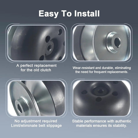 Close-up views of a Three Quarter Bore Torque Converter Driver Clutch for mini bikes and go-karts, easy installation features.