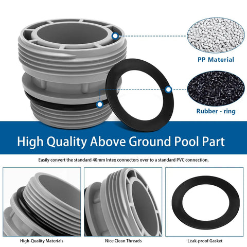 40mm To One And One Half Inch Pool Hose Adapter Kit, grey PP material, rubber ring, for Hayward filter pumps, close-up view