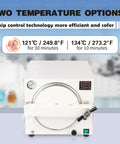 Front view of 18L lab autoclave sterilizer with circular door, digital display, and green power switch