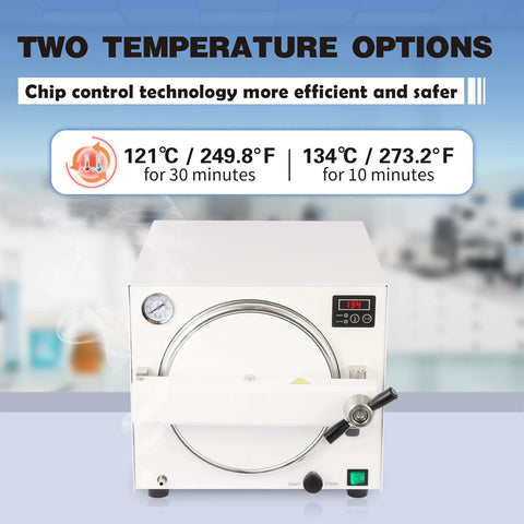 Front view of 18L lab autoclave sterilizer with circular door, digital display, and green power switch