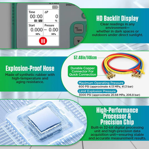 HVAC Digital Manifold Gauges Kit With Dual Pressure And Vacuum Tests, 92 Refrigerant Readouts, Hoses, R22 R134a R410a Compatibility, 1/4 Inch SAE Interface, Portable Hook, Leak Test And Refrigerant Fill, display and hoses