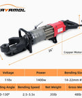 Electric Hydraulic Rebar Bender 1400W With 22 Ton Force 110 Volt Portable Copper Motor shown with dimensions and specs.