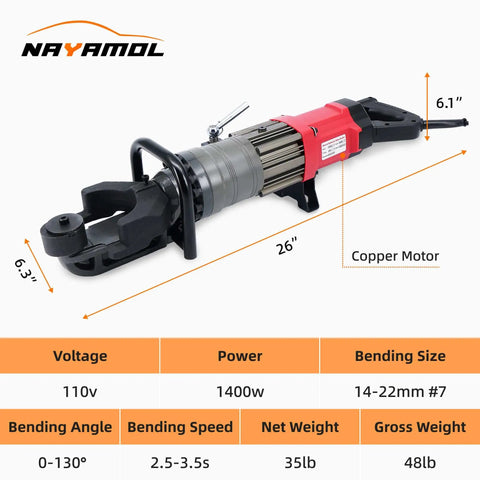 Electric Hydraulic Rebar Bender 1400W With 22 Ton Force 110 Volt Portable Copper Motor shown with dimensions and specs.