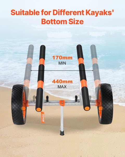 Heavy Duty Kayak Cart With 450 Lbs Load Capacity showing adjustable width on beach