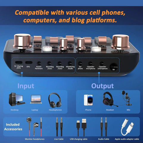 Pro Gaming Audio Mixer Sound Board For PC And Phone With Three Point Five Millimeter Microphone Input DJ Effects Live Sound Card