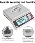 High Precision 30kg Digital Counting Scale With RS232 Port for inventory and parts, ultra accurate 0.5g readings shown on LCD