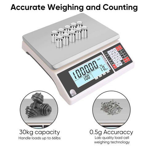 High Precision 30kg Digital Counting Scale With RS232 Port for inventory and parts, ultra accurate 0.5g readings shown on LCD