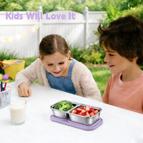 Kids enjoying lunch with Three Pack Stainless Steel Snack Containers With Silicone Lids, Dual Compartment Design, Stackable.