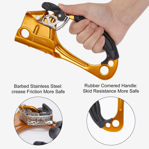 Right Hand Orange Rope Ascender For 8-13mm Rope shown in hand, rubber-covered handle, stainless steel barbs visible, aluminum body
