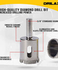Drilax 1-inch diamond drill bit with 3/8 standard shank, chrome nickel finish, cooling slots