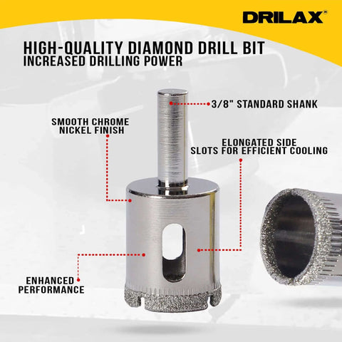 Drilax 1-inch diamond drill bit with 3/8 standard shank, chrome nickel finish, cooling slots