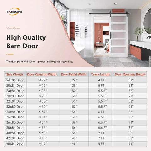 Glass Barn Door 42 By 84 Inches With 7 Feet Sliding Hardware Kit And Handle Solid Wood Core Covered In Waterproof PVC Surface 5 Panel Frosted Glass Easy Install DIY Friendly For 38 To 40 Inch Wide Openings.