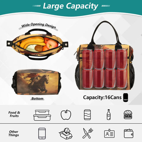 Skeleton Cowboy Desert Large Cooler Bag Insulated Lunch Tote with 16-can capacity, wide opening, and cowboy design.