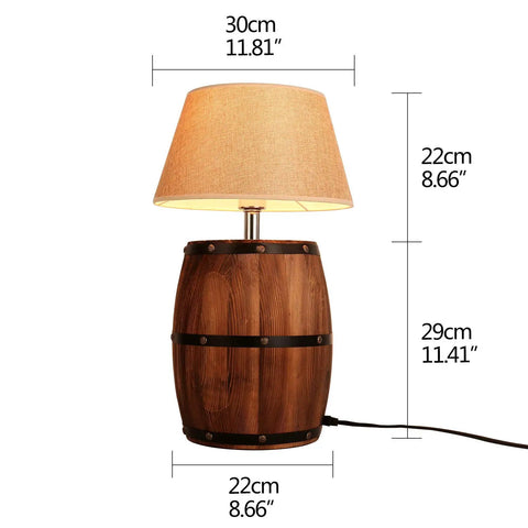 Antique Modern Wood Wine Barrel Desk Lamp With Fabric Shade Plug In Table Lamp With Switch For Bedroom And Living Room E26 Max 60W Incandescent Or LED Compatible Bulb Not Included 20.07 Inches Tall And 8.66 Inches Wide