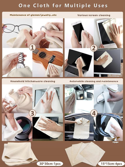 Eyeglass cleaning cloth, natural chamois, 12x12 in, reusable scratch-free for lenses, glasses, screens, cameras.