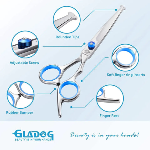 5 In 1 Dog Grooming Scissors Set With Safety Round Tips For Cats And Dogs, Heavy Duty Pet Grooming Shears, Includes 6.5 Inch Straight, Curved And Thinning Scissors, Comb, Cleaning Cloth, Leather Case, silver scissors with blue inserts and rounded tips