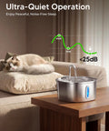 Stainless Steel Cat Water Fountain With Quiet Pump Three Point Two Liter 108Oz near sleeping cat in living room setting