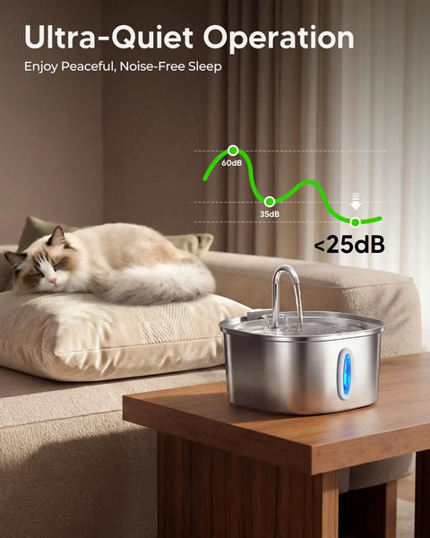 Stainless Steel Cat Water Fountain With Quiet Pump Three Point Two Liter 108Oz near sleeping cat in living room setting