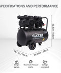 Top Notch 13 Point 2 Gallon Air Compressor Featuring Dead Silent Oil Free Pump And Heavy Duty Steel Tank Delivering Rock Solid 115 PSI displayed with specifications.