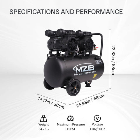 Top Notch 13 Point 2 Gallon Air Compressor Featuring Dead Silent Oil Free Pump And Heavy Duty Steel Tank Delivering Rock Solid 115 PSI displayed with specifications.