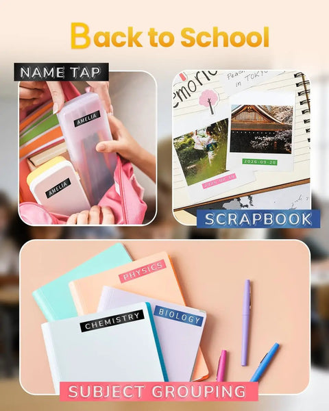 Back to School image featuring Super Slick Manual 3D Embossing Label Maker With Tape Roll, labeled items, and organized notebooks.