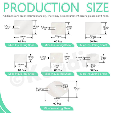 420Pcs Mica Insulating Sheet Set For TO-220 TO-3P TO-3P11 TO-3PL Transistors, 7 styles with dimensions for lighting electronics.