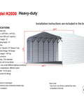 Heavy Duty Metal Garage And 20 X 30 Foot Steel Carport with specifications and installation instructions depicted.