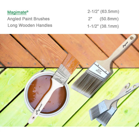 Wood Stain Brush Set With Angled Sash And Flat Brushes, 2-1/2 inch brush in wood stain can on colored boards background