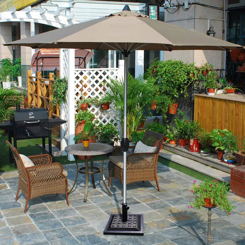 Beefed Up 30Lb Patio Market Umbrella Base With Cast Iron Tube Holder, Classic 17.5 Inch Square Bronze Finish Stand in garden setting