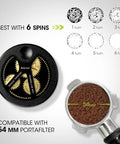 Top Shelf 54Mm Spirographic WDT Tool Espresso Coffee Distribution rotary gear driven with marks for spins next to 54mm portafilter.