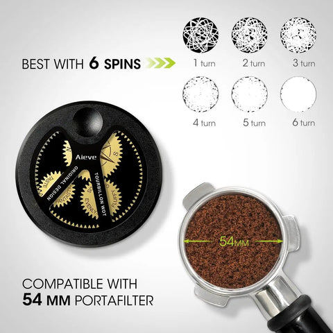 Top Shelf 54Mm Spirographic WDT Tool Espresso Coffee Distribution rotary gear driven with marks for spins next to 54mm portafilter.