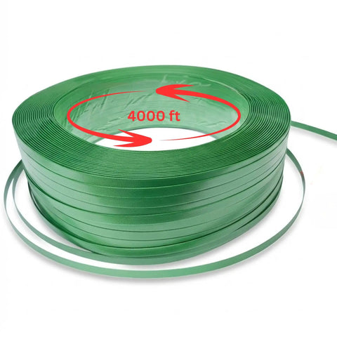 Heavy Duty Green Polyester Strapping Roll For Solid Pallet Securing 5/8 Inch Wide By 4000 Feet Long yields 1400 lbs break strength