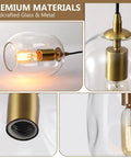Pendant Lights Kitchen Island, Hand-Blown Clear Glass Brass Gold 9 Inch H with illuminated bulb and metallic fixture details.
